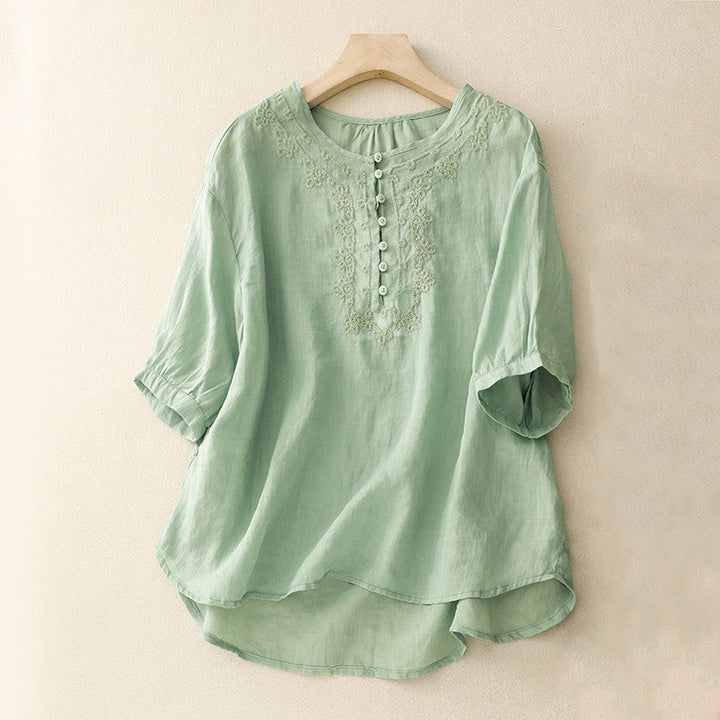 Buddha Stones Casual Women's Plain Frog Buckle Design Half Sleeve Cotton Linen Shirt