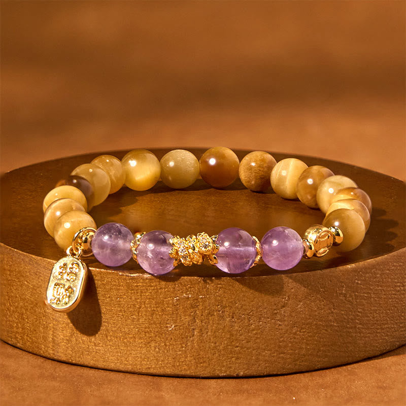 Buddha Stones Year of the Snake Tiger Eye Amethyst Fu Character Strength Bracelet