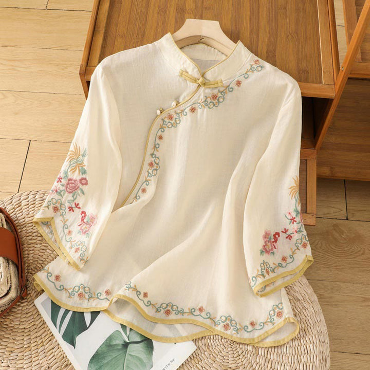 Buddha Stones Casual Women's Embroidered Flower Stand Collar Design Three Quarter Sleeve Cotton Linen Shirt