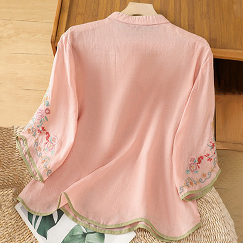 Buddha Stones Casual Women's Embroidered Flower Stand Collar Design Three Quarter Sleeve Cotton Linen Shirt