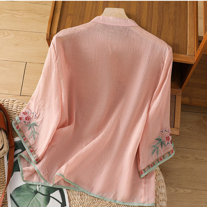 Buddha Stones Casual Embroidered Flower Stand Collar Design Three Quarter Sleeve Women's Cotton Linen Shirt