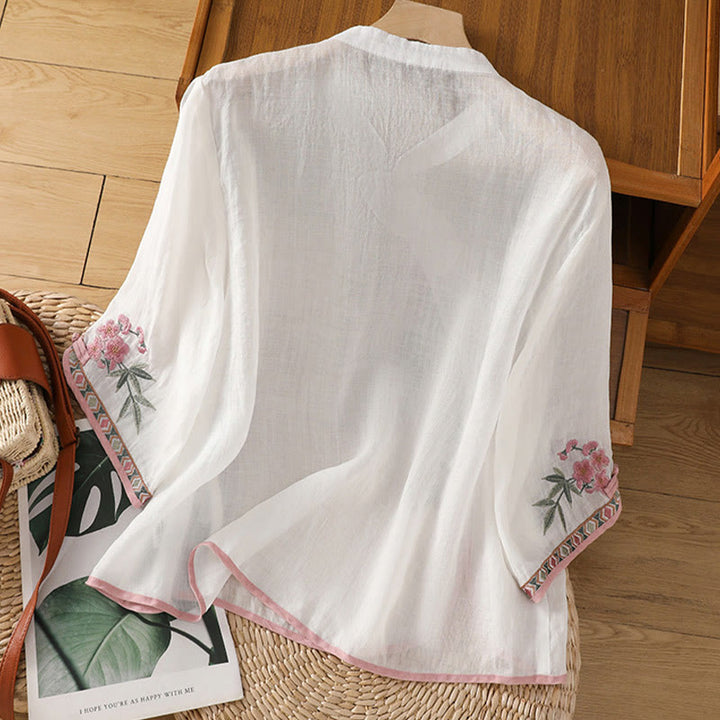 Buddha Stones Casual Embroidered Flower Stand Collar Design Three Quarter Sleeve Women's Cotton Linen Shirt