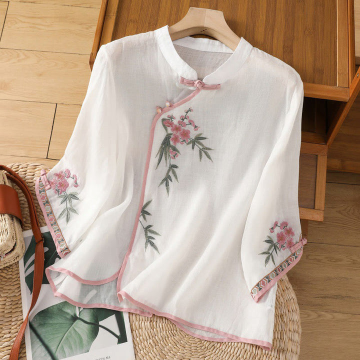 Buddha Stones Casual Embroidered Flower Stand Collar Design Three Quarter Sleeve Women's Cotton Linen Shirt