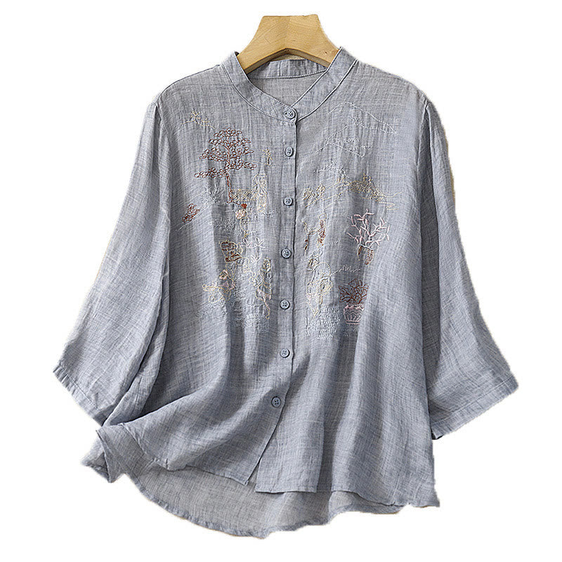 Buddha Stones Casual Embroidered Plant Stand Collar Design Three Quarter Sleeve Women's Cotton Linen Shirt