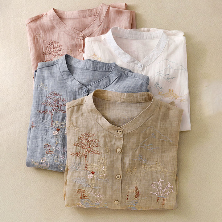 Buddha Stones Casual Embroidered Plant Stand Collar Design Three Quarter Sleeve Women's Cotton Linen Shirt - image 30