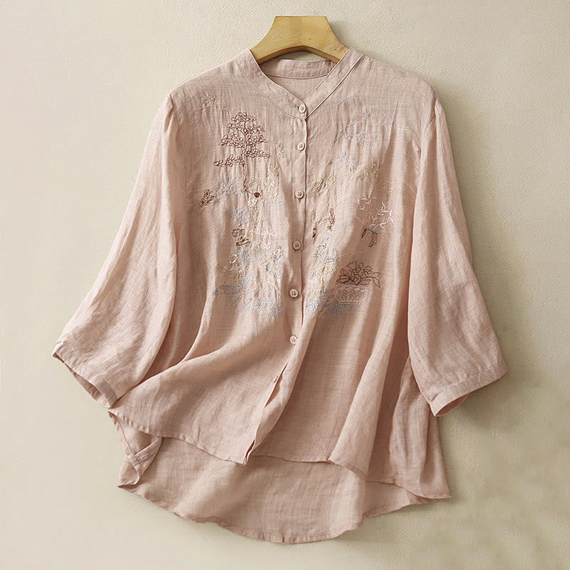Buddha Stones Casual Embroidered Plant Stand Collar Design Three Quarter Sleeve Women's Cotton Linen Shirt - PeachPuff - US8-10，UK/AU12-14，EU40-42 (2XL) - image 0