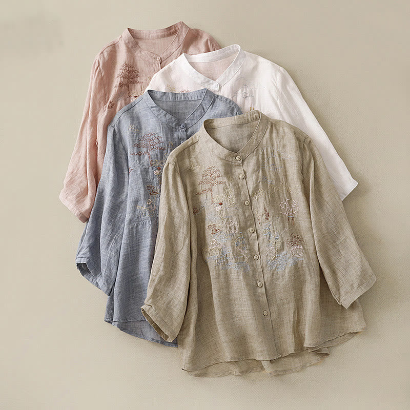 Buddha Stones Casual Embroidered Plant Stand Collar Design Three Quarter Sleeve Women's Cotton Linen Shirt - image 29