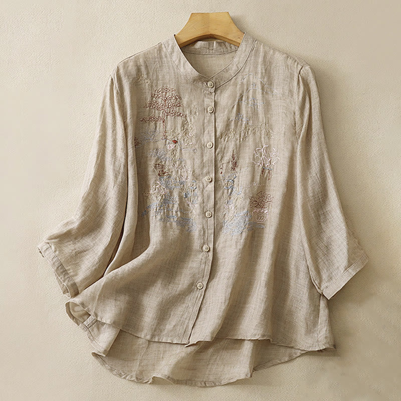 Buddha Stones Casual Embroidered Plant Stand Collar Design Three Quarter Sleeve Women's Cotton Linen Shirt - Tan - US8-10，UK/AU12-14，EU40-42 (2XL) - image 12