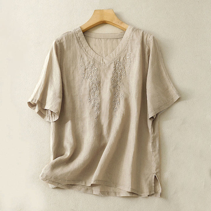 Buddha Stones Casual Women's Embroidered Flower V-neck Design Loose Half Sleeve Cotton Linen Shirt - Tan - US8-10，UK/AU12-14，EU40-42 (2XL) - image 12