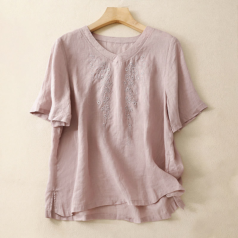 Buddha Stones Casual Women's Embroidered Flower V-neck Design Loose Half Sleeve Shirt - Thistle - US8-10，UK/AU12-14，EU40-42 (2XL) - image 6