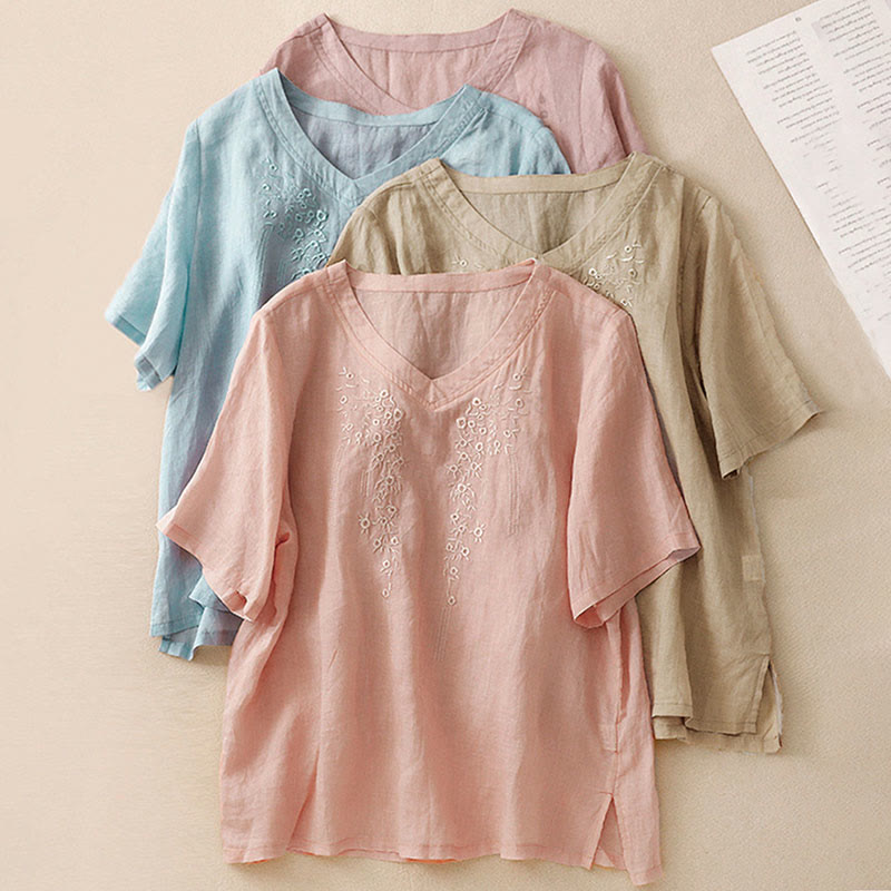 Buddha Stones Casual Women's Embroidered Flower V-neck Design Loose Half Sleeve Cotton Linen Shirt - image 29