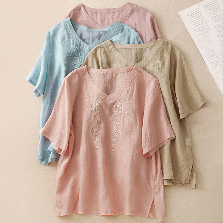 Buddha Stones Casual Women's Embroidered Flower V-neck Design Loose Half Sleeve Cotton Linen Shirt - image 29