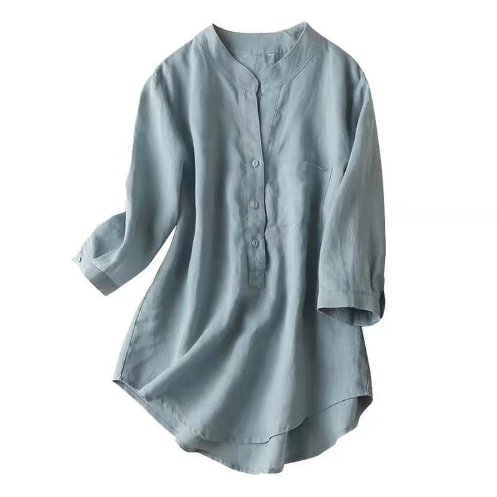 Buddha Stones Casual Women's V-neck Three Quarter Sleeve Design Plain Cotton Linen Shirt