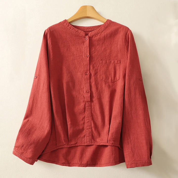 Buddha Stones Casual Women's Loose Standing Collar Long Sleeve Design Plain Cotton Linen Shirt