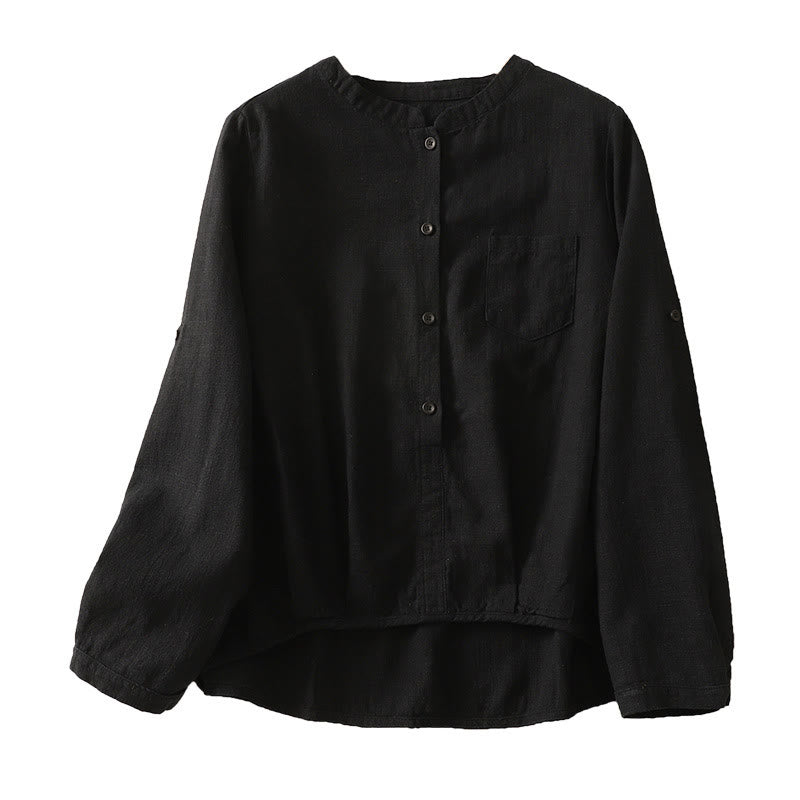 Buddha Stones Casual Women's Loose Standing Collar Long Sleeve Design Plain Cotton Linen Shirt - image 13