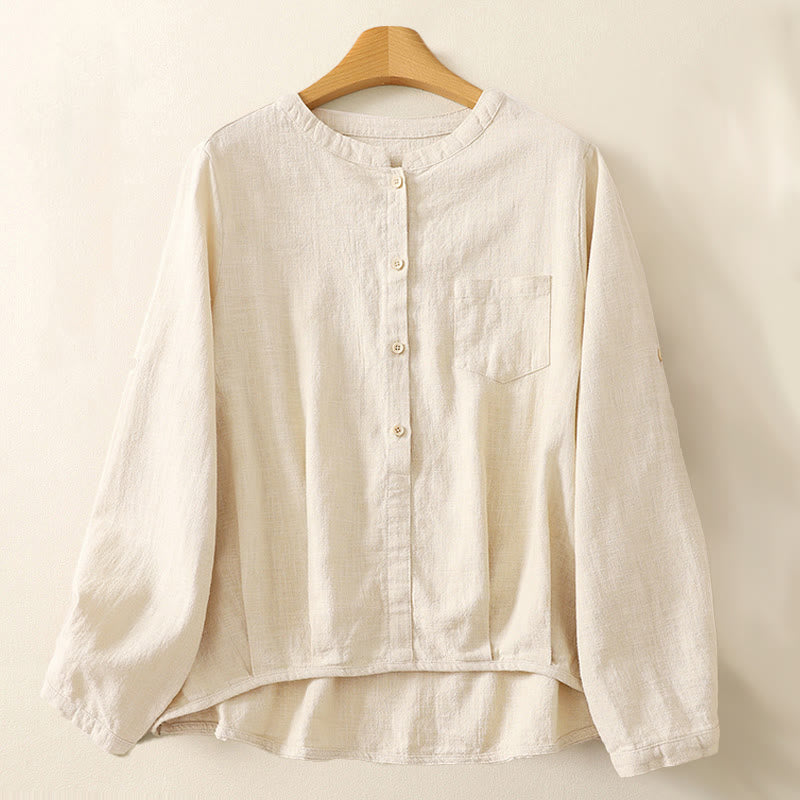 Buddha Stones Casual Women's Loose Standing Collar Long Sleeve Design Plain Cotton Linen Shirt