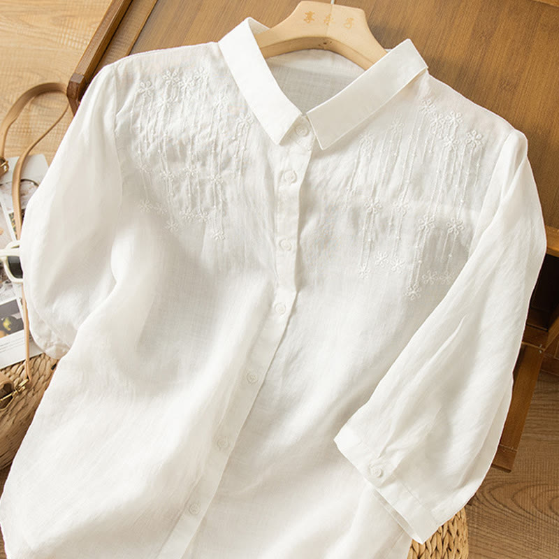 Buddha Stones Casual Women's Embroidery Standing Collar Half Sleeve Design Shirt - image 6