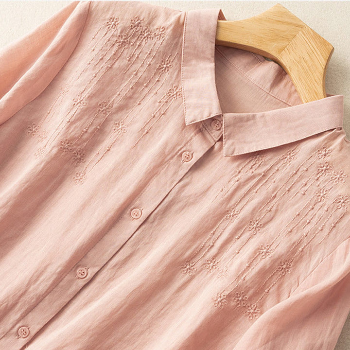 Buddha Stones Casual Women's Embroidery Standing Collar Half Sleeve Design Cotton Linen Shirt - image 16