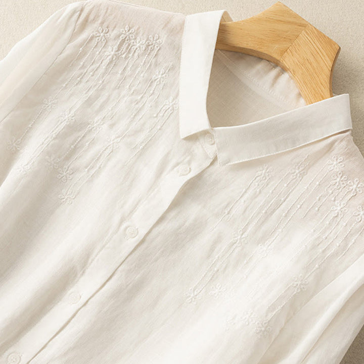 Buddha Stones Casual Women's Embroidery Standing Collar Half Sleeve Design Cotton Linen Shirt - image 7