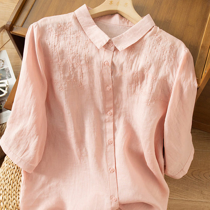 Buddha Stones Casual Women's Embroidery Standing Collar Half Sleeve Design Shirt - Pink - US8-10，UK/AU12-14，EU40-42 (2XL) - image 14