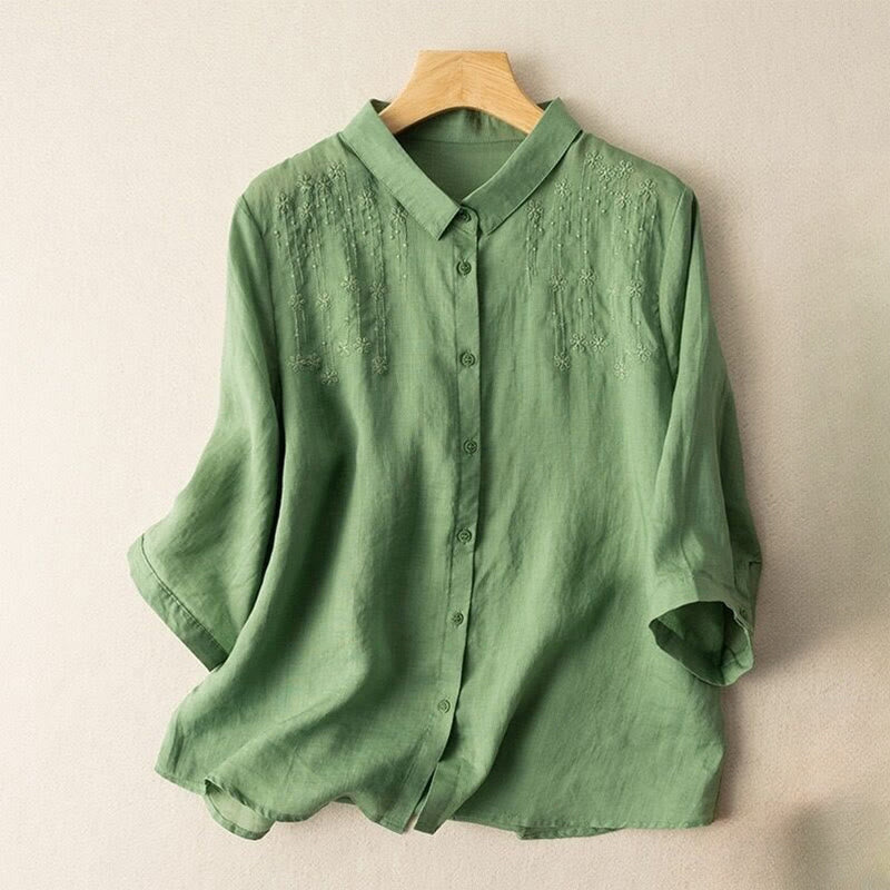 Buddha Stones Casual Women's Embroidery Standing Collar Half Sleeve Design Shirt - MediumSeaGreen - US8-10，UK/AU12-14，EU40-42 (2XL) - image 0