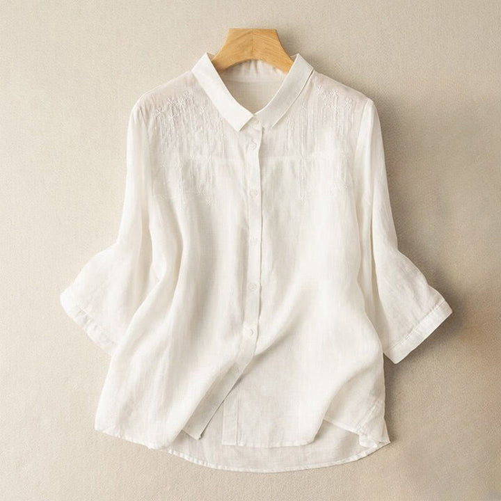 Buddha Stones Casual Women's Embroidery Standing Collar Half Sleeve Design Shirt - White - US8-10，UK/AU12-14，EU40-42 (2XL) - image 5