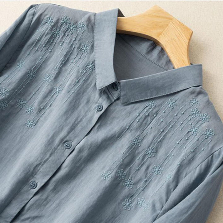Buddha Stones Casual Women's Embroidery Standing Collar Half Sleeve Design Cotton Linen Shirt - image 12