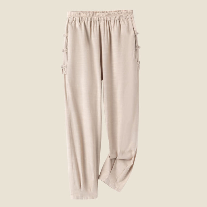 Buddha Stones Casual Frog-button Plain Women's Cotton Linen Pants With Pockets