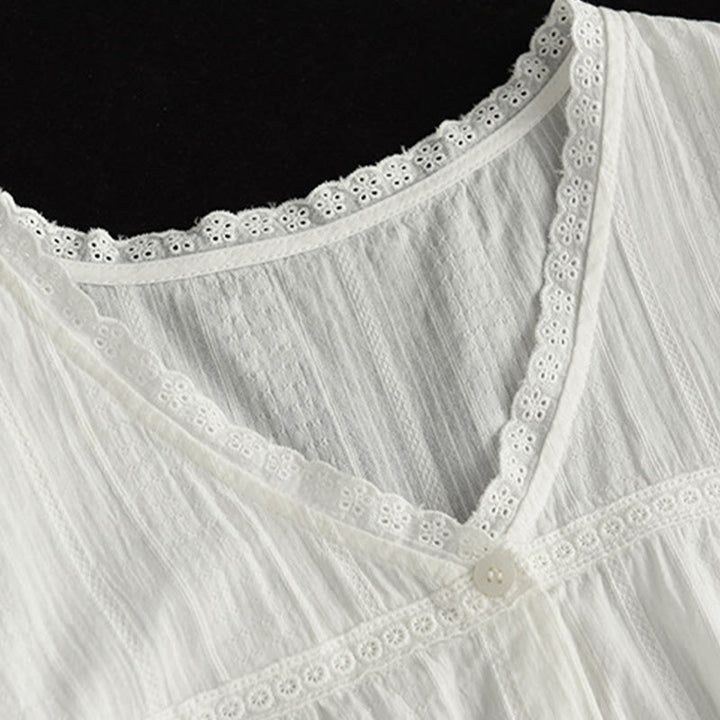 Buddha Stones Women's Pure White Lace V-neck Design Half Sleeve Cotton Shirt - image 6