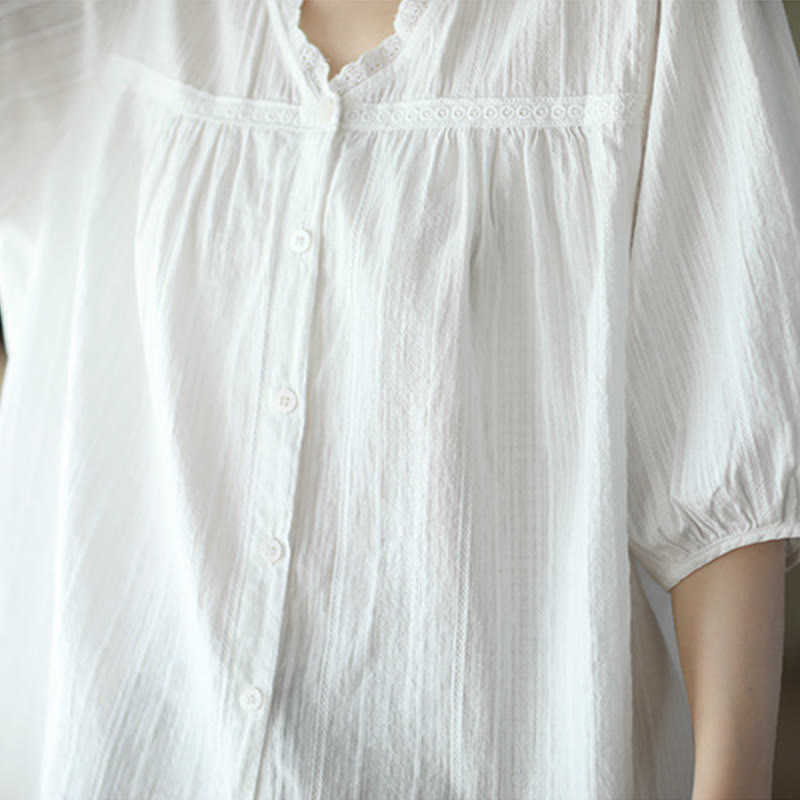Buddha Stones Women's Pure White Lace V-neck Design Half Sleeve Cotton Shirt - image 7