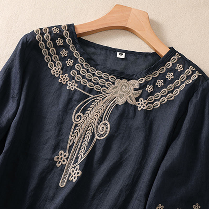 Buddha Stones Women's Crew Neck Hollow Design Half Sleeve Cotton Linen Shirt - image 9