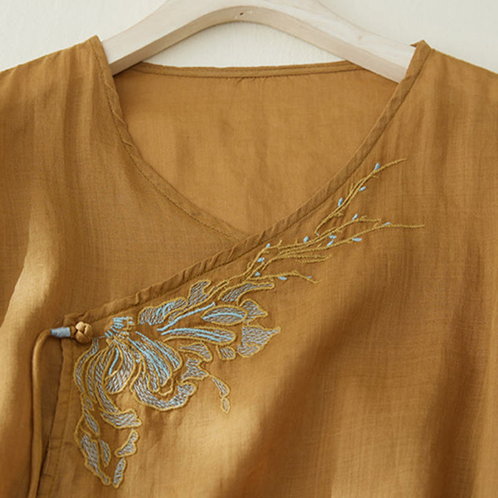 Buddha Stones Casual Women's Embroidery Plants Design Three Quarter Sleeve Cotton Linen Shirt - image 15