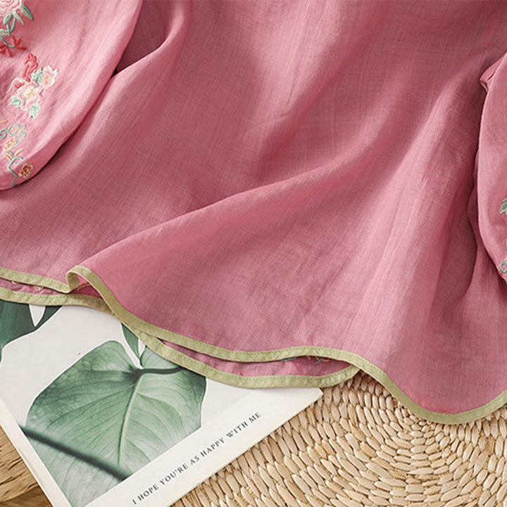 Buddha Stones Casual Women's Embroidered Flower Stand Collar Design Three Quarter Sleeve Cotton Linen Shirt - image 17