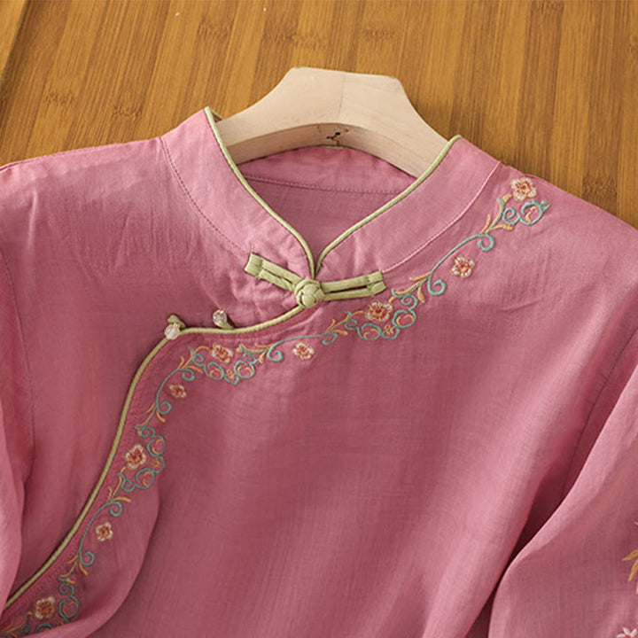 Buddha Stones Casual Women's Embroidered Flower Stand Collar Design Three Quarter Sleeve Cotton Linen Shirt - image 16