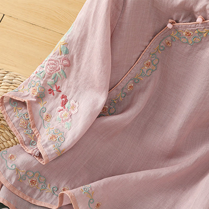 Buddha Stones Casual Women's Embroidered Flower Stand Collar Design Three Quarter Sleeve Cotton Linen Shirt - image 6