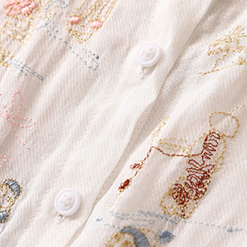 Buddha Stones Casual Embroidered Plant Stand Collar Design Three Quarter Sleeve Women's Cotton Linen Shirt - image 9