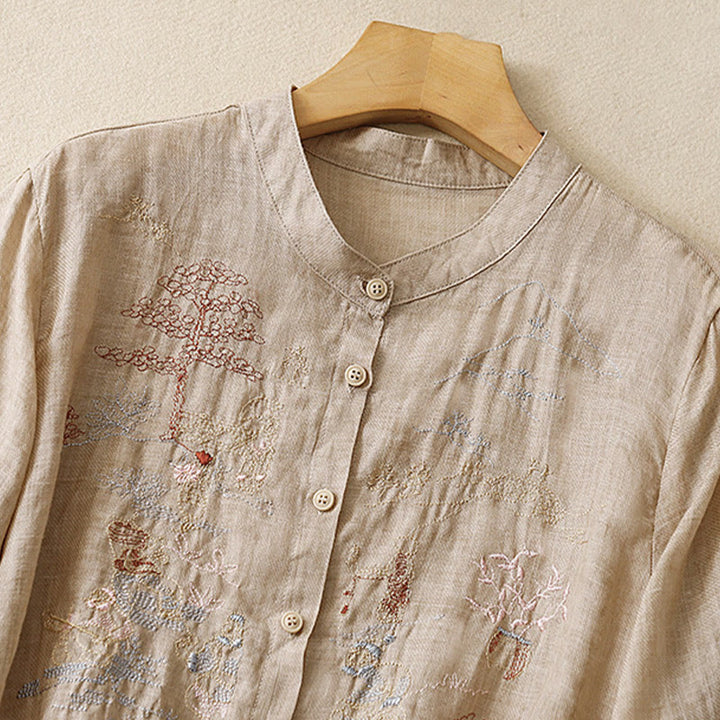 Buddha Stones Casual Embroidered Plant Stand Collar Design Three Quarter Sleeve Women's Cotton Linen Shirt - image 14