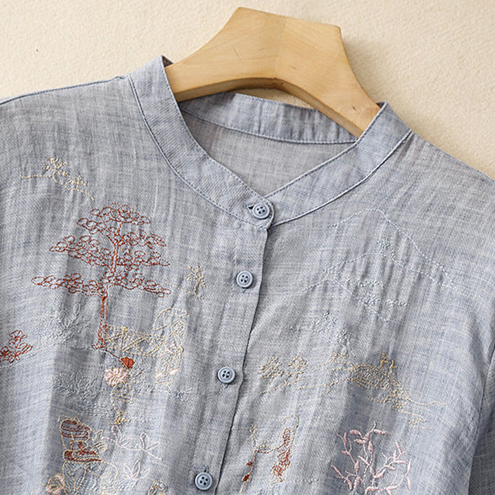 Buddha Stones Casual Embroidered Plant Stand Collar Design Three Quarter Sleeve Women's Cotton Linen Shirt - image 24