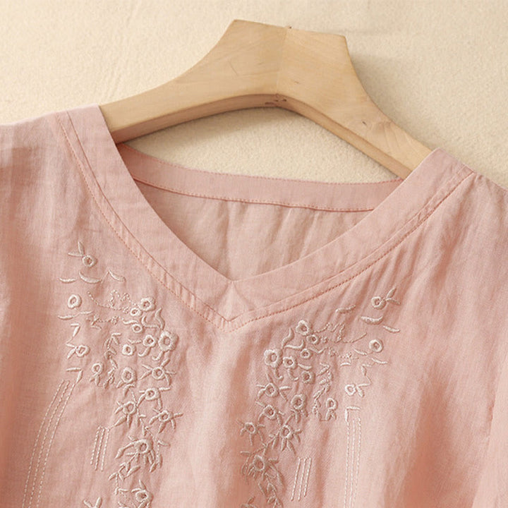 Buddha Stones Casual Women's Embroidered Flower V-neck Design Loose Half Sleeve Shirt - image 1