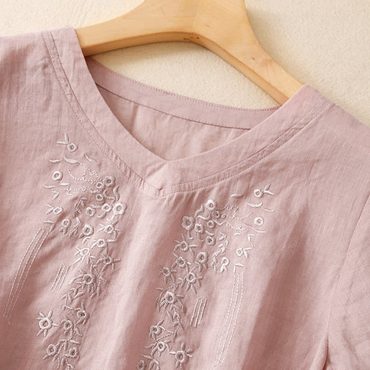 Buddha Stones Casual Women's Embroidered Flower V-neck Design Loose Half Sleeve Shirt - image 7