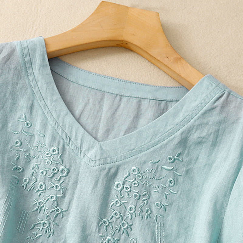 Buddha Stones Casual Women's Embroidered Flower V-neck Design Loose Half Sleeve Cotton Linen Shirt - image 23