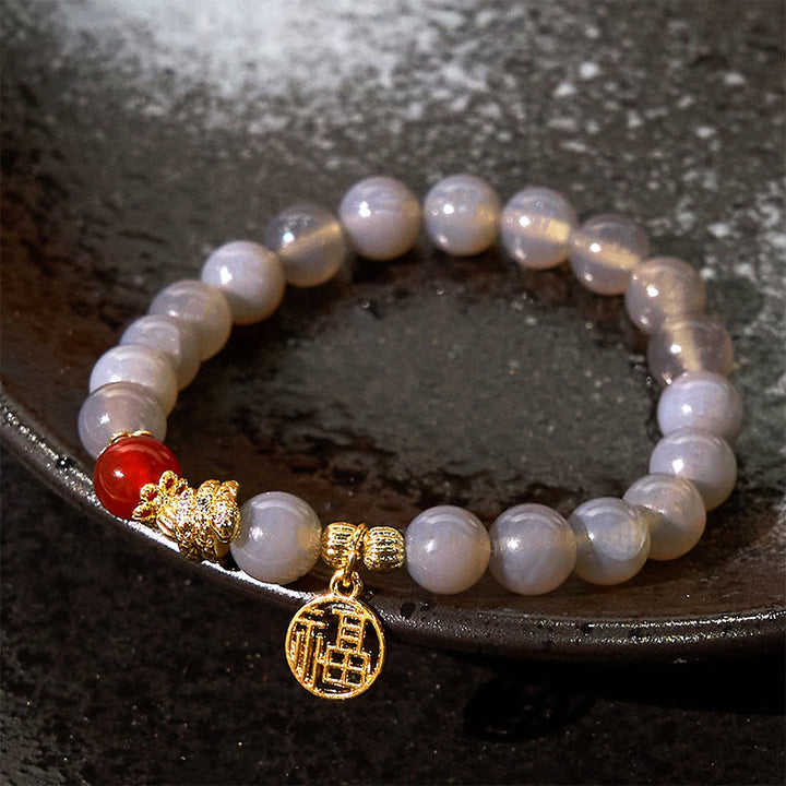 Buddha Stones Year Of The Snake Gray Agate Red Agate Fu Character Positivity Bracelet