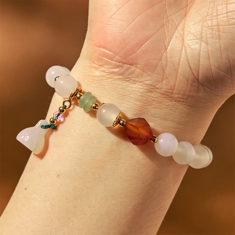 Buddha Stones White Agate Red Agate Lotus Pod Charm Luck Bracelet