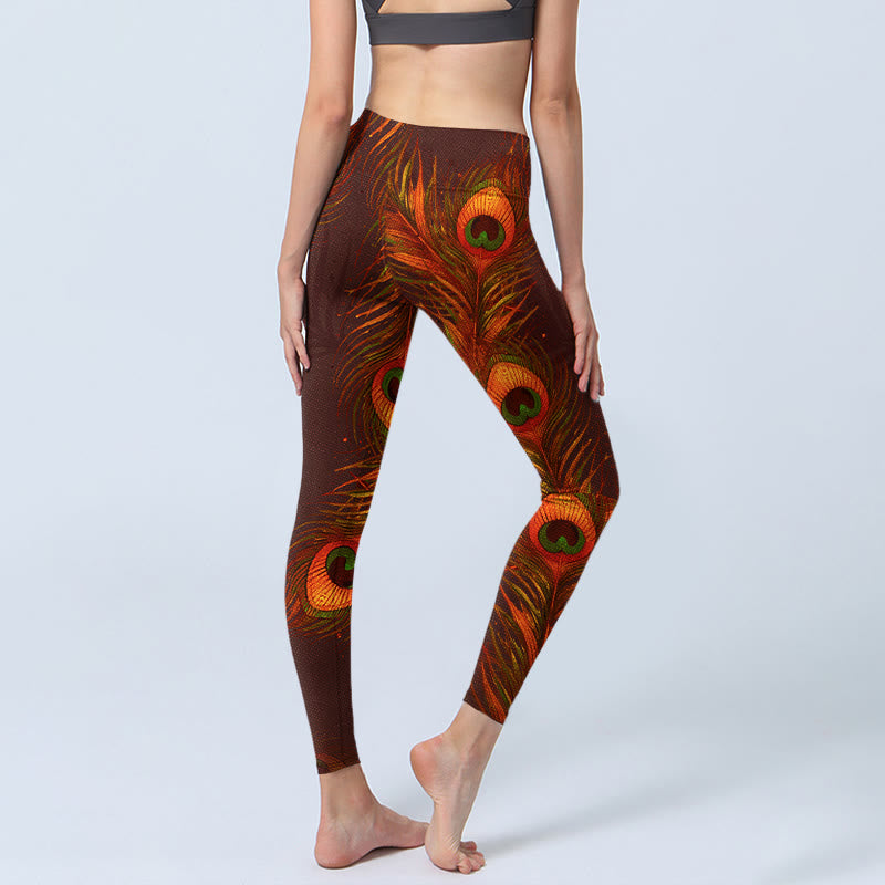 Buddha Stones Brown Peacock Feathers Print Gym Leggings Women's Yoga Pants - image 4