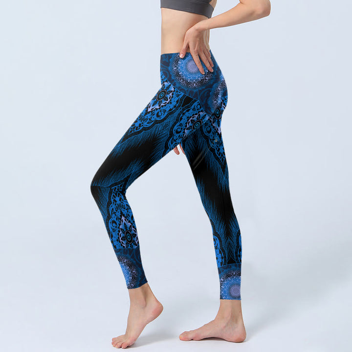 Buddha Stones Blue Mandala Feathers Print Gym Leggings Women's Yoga Pants