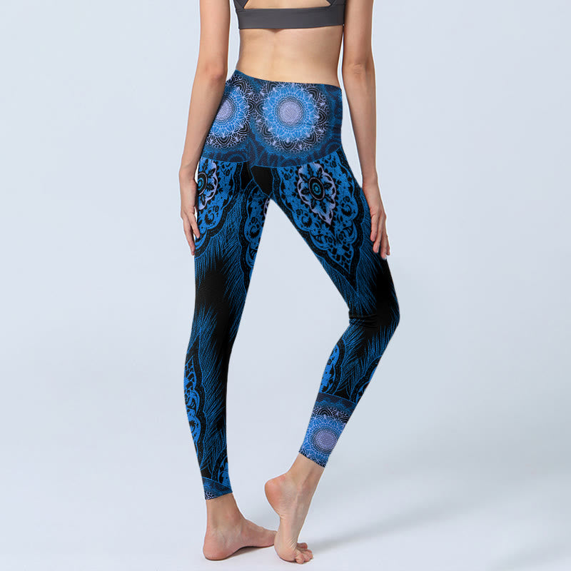 Buddha Stones Blue Mandala Feathers Print Gym Leggings Women's Yoga Pants