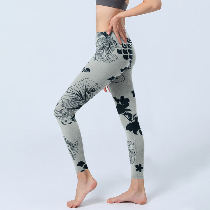 Buddha Stones Gray Koi Fish Floral Waves Print Gym Leggings Women's Yoga Pants