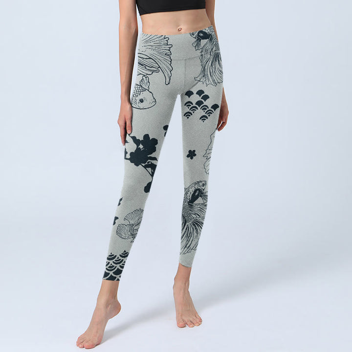 Buddha Stones Gray Koi Fish Floral Waves Print Gym Leggings Women's Yoga Pants