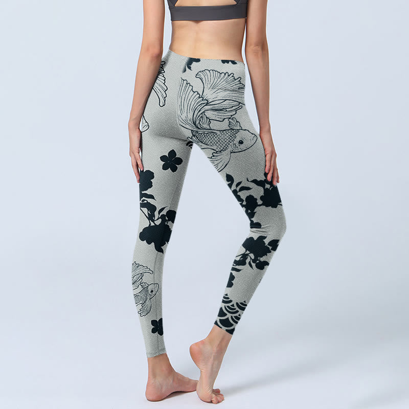 Buddha Stones Gray Koi Fish Floral Waves Print Gym Leggings Women's Yoga Pants - image 4