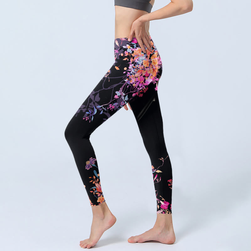Buddha Stones Black Pink Floral Leaves Print Gym Leggings Women's Yoga Pants - image 2